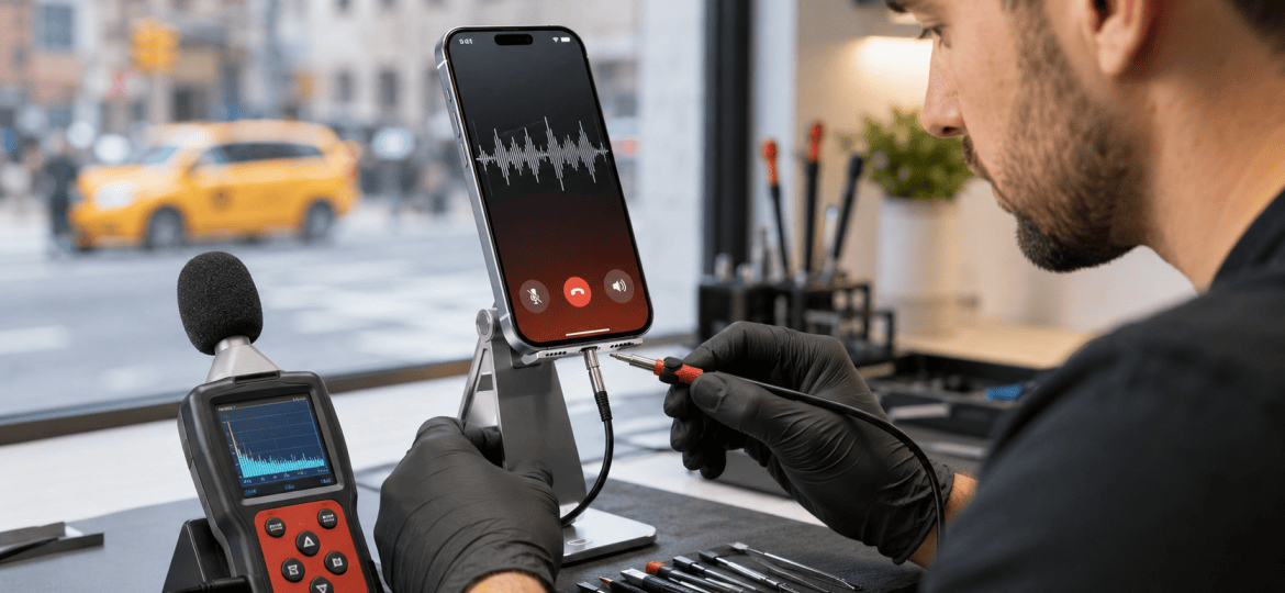 Technician testing an iPhone microphone during a call at a Midtown Manhattan repair shop in NYC