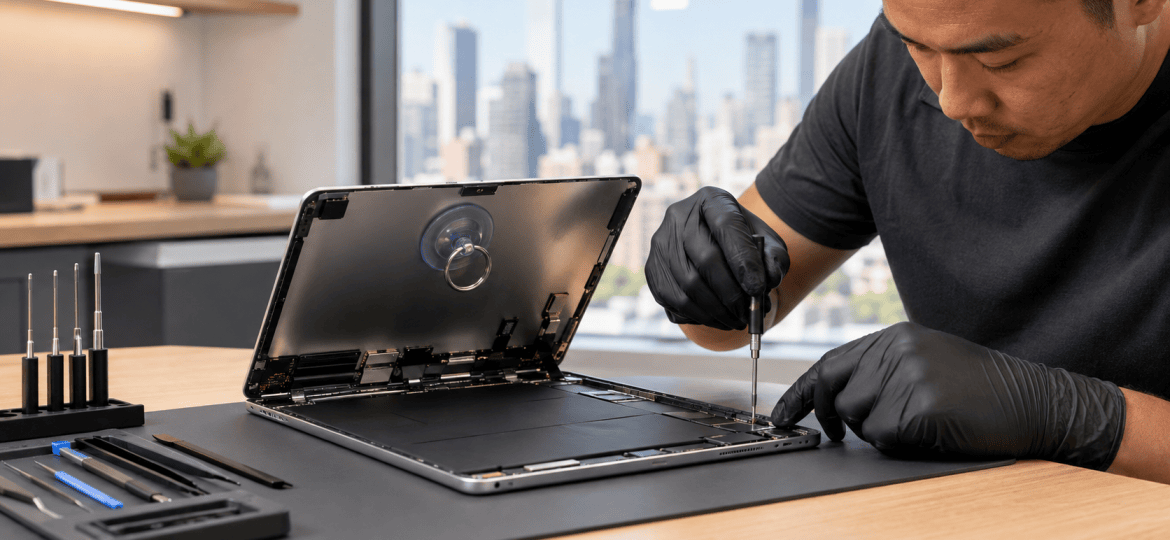 Professional technician repairing an unresponsive iPad touchscreen at a Midtown Manhattan repair studio