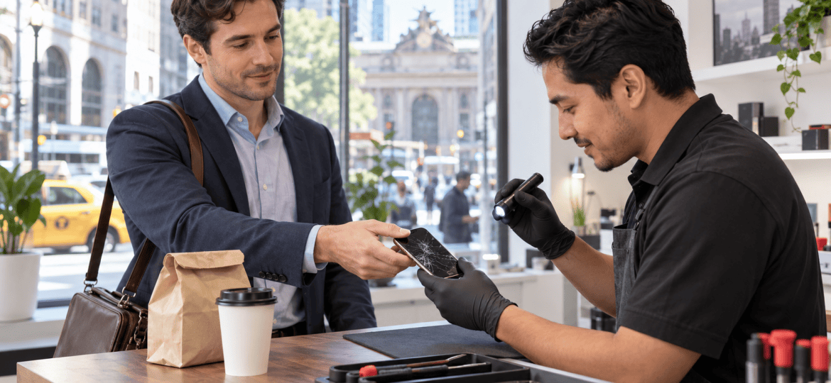 idtown Manhattan office worker bringing a cracked iPhone for repair during his lunch break