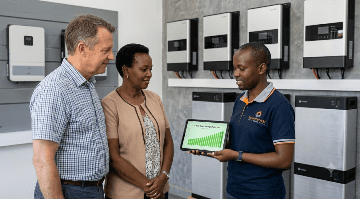a couple looking at solar energy systems