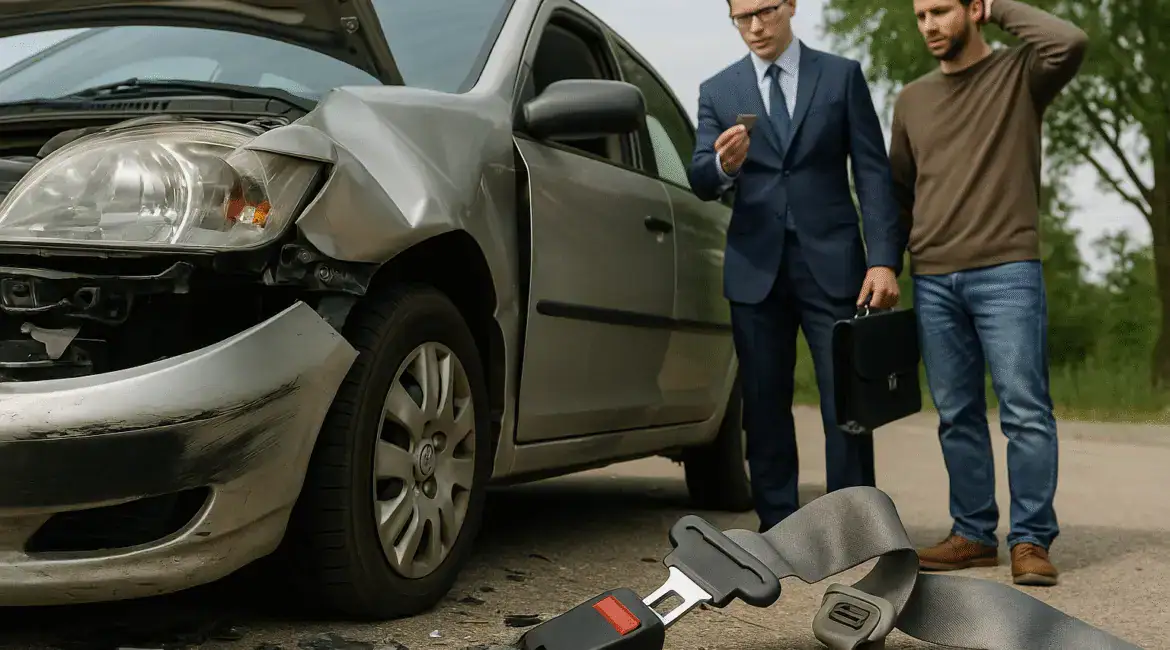 Car crash seat belt failure scenario showing damaged restraint system