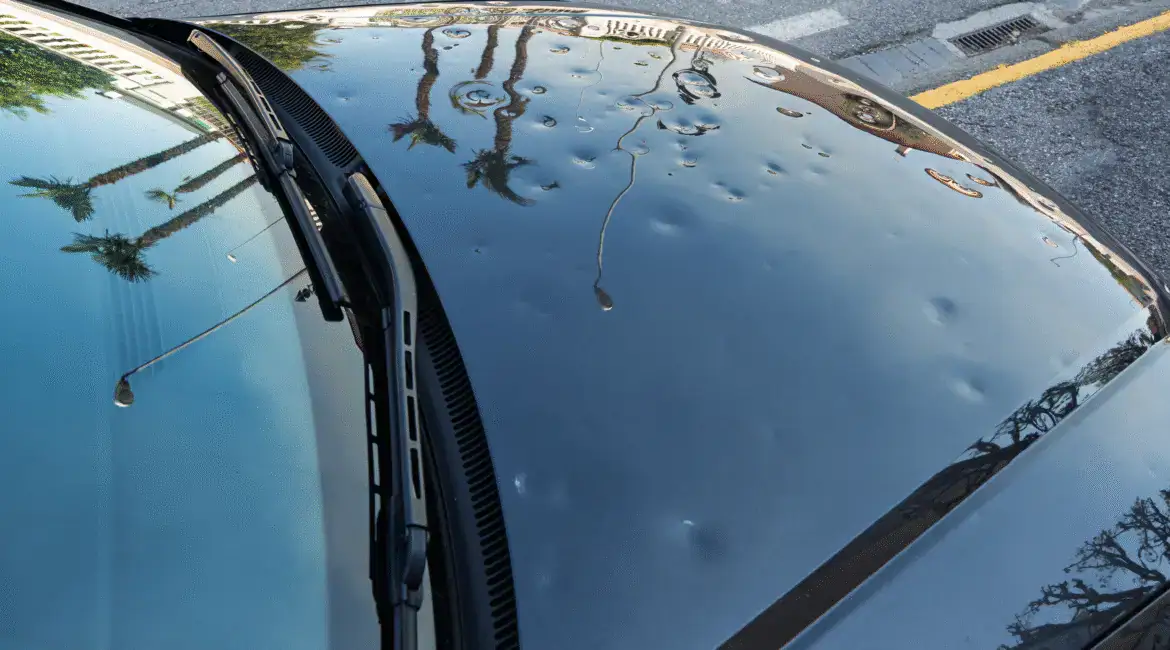 Car hood covered in dents from hail damage – Texas Bulldog property damage insurance claims
