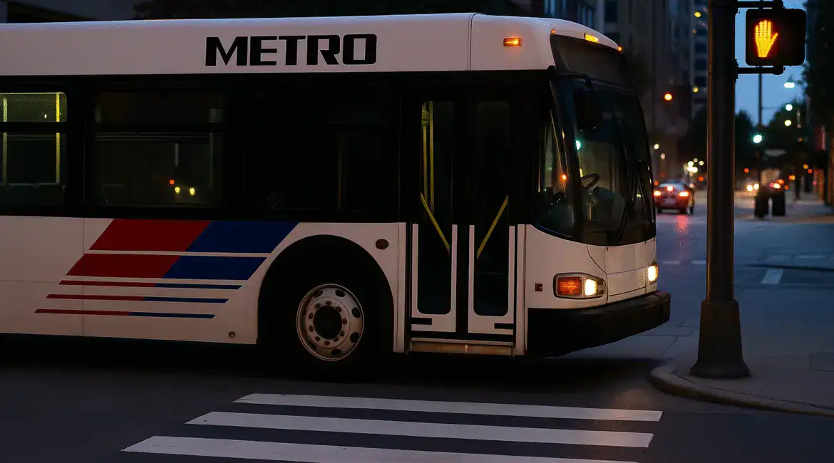 A METRO bus stopped near a crosswalk after a pedestrian accident in Houston