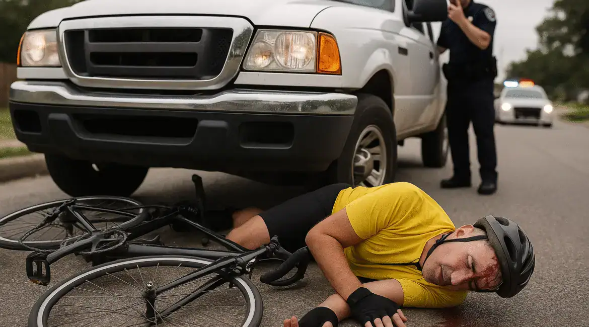 Truck accident scene in Pasadena where bicyclist was hospitalized with head injury