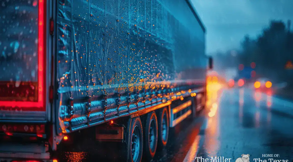 18-wheeler driving down a wet Houston highway during heavy rain