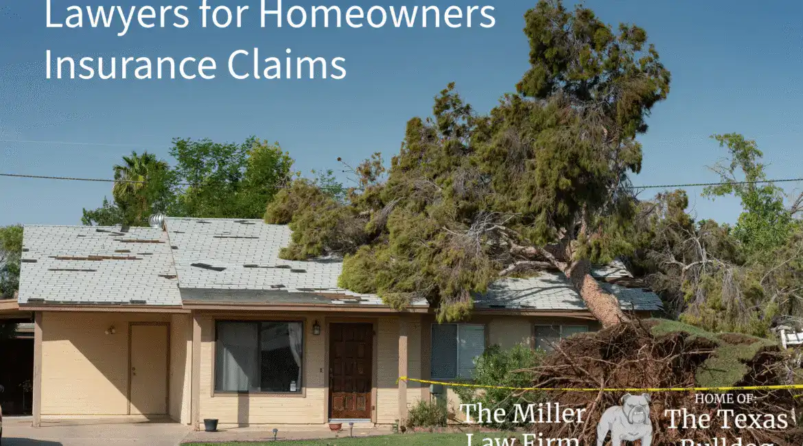 Storm-damaged house in Humble, Texas with a large fallen tree on the roof after heavy rain and flooding.