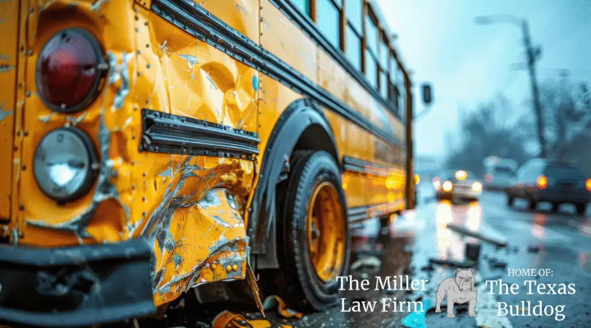 Leander ISD school bus on its side after rollover crash with emergency vehicles and responders.