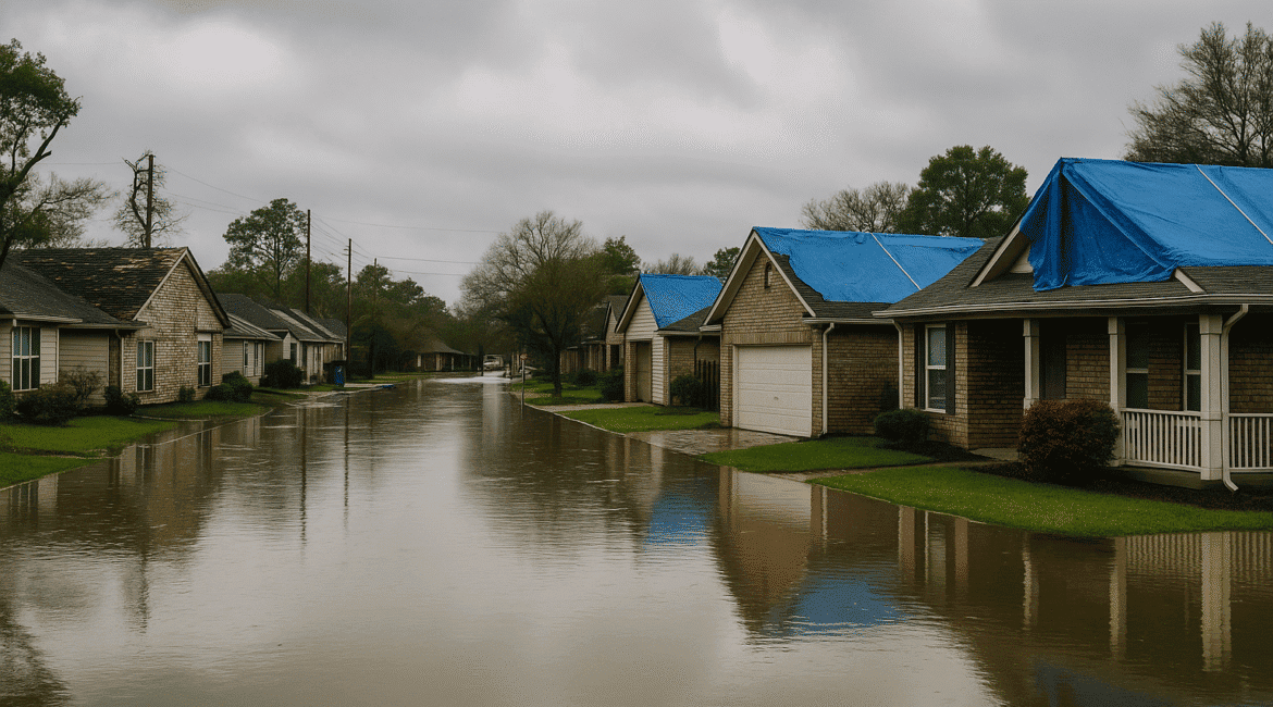 Houston homes with storm and flood damage after heavy rainfall.