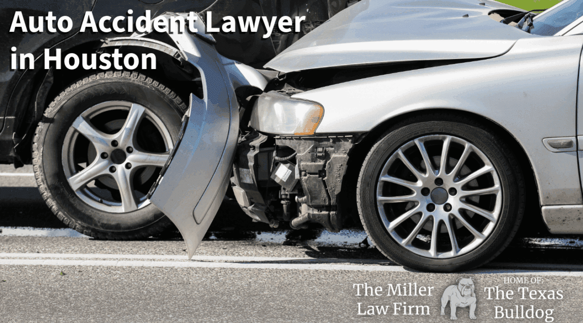 Front-end car crash in Houston with visible vehicle damage, used as a featured image for auto accident lawyer services at The Miller Law Firm – The Texas Bulldog.
