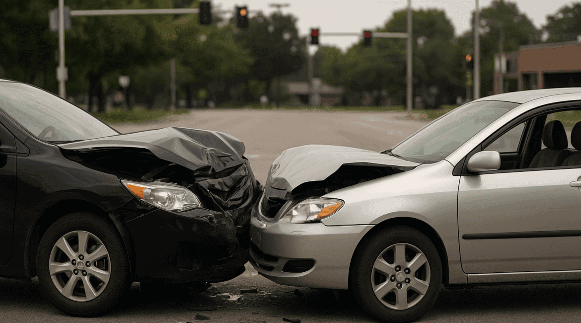 Two damaged cars after a collision at a Houston intersection under cloudy skies