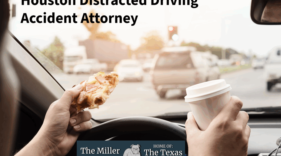 Houston distracted driving accident attorney showing driver eating pizza and drinking coffee while driving