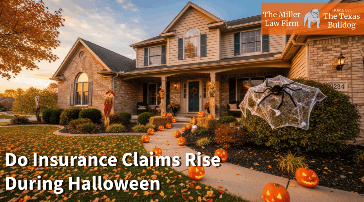 Houston home decorated for Halloween with pumpkins, spider webs, and fall leaves — representing seasonal property damage risks and insurance claims.