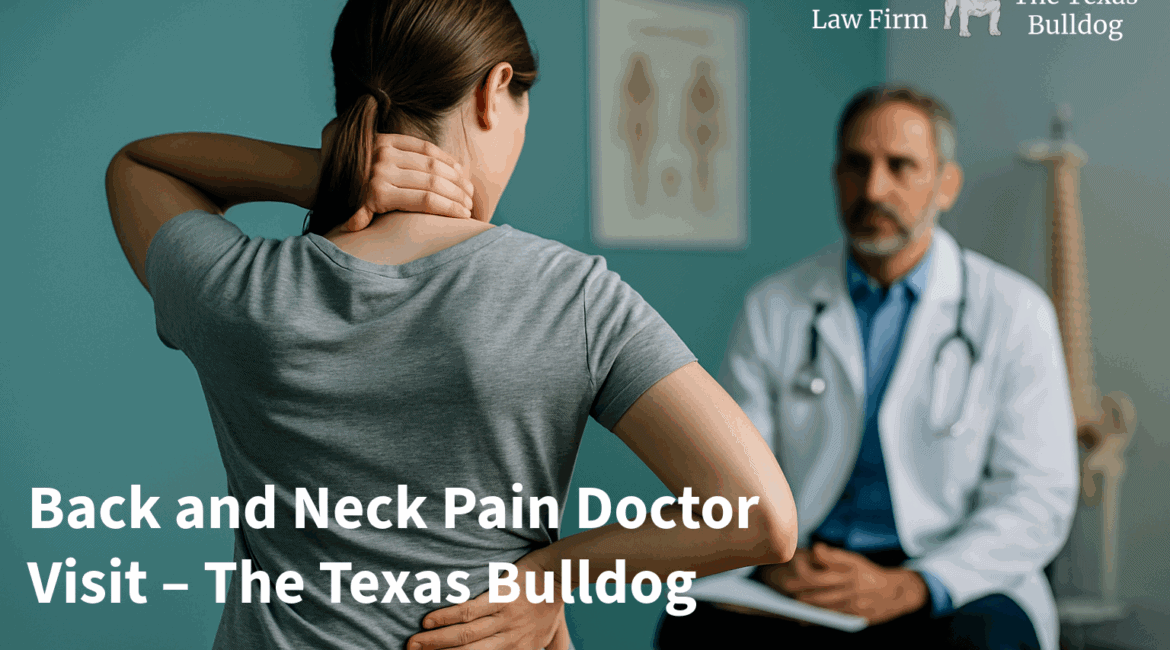 Woman holding her neck and lower back in pain while speaking with a doctor during a medical evaluation for back and neck injuries.