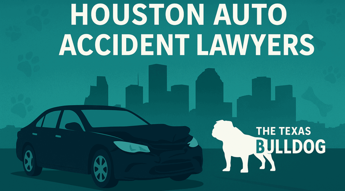Graphic of a Houston auto accident lawyer concept featuring a damaged car, Houston skyline, and The Texas Bulldog branding.