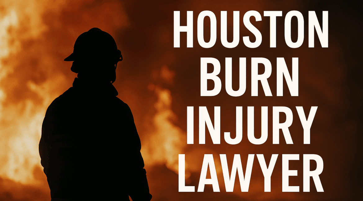Silhouette of a firefighter standing in front of large flames with the text ‘Houston Burn Injury Lawyer’ for a legal blog header.