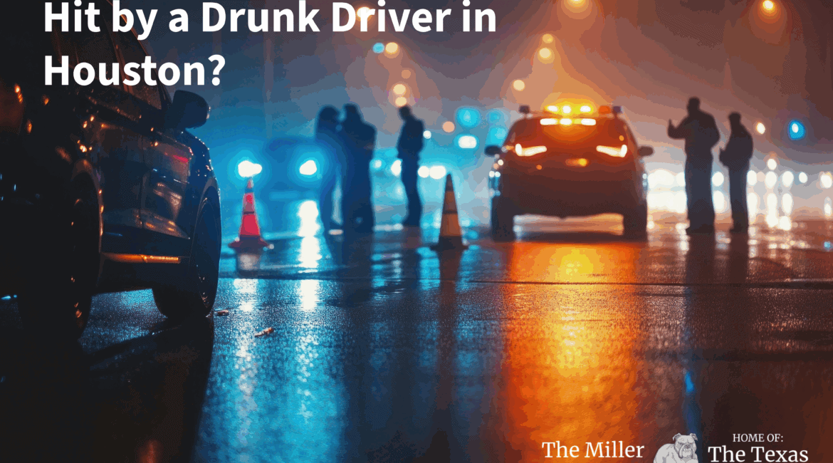 Nighttime Houston freeway crash scene with police lights after drunk driver collision