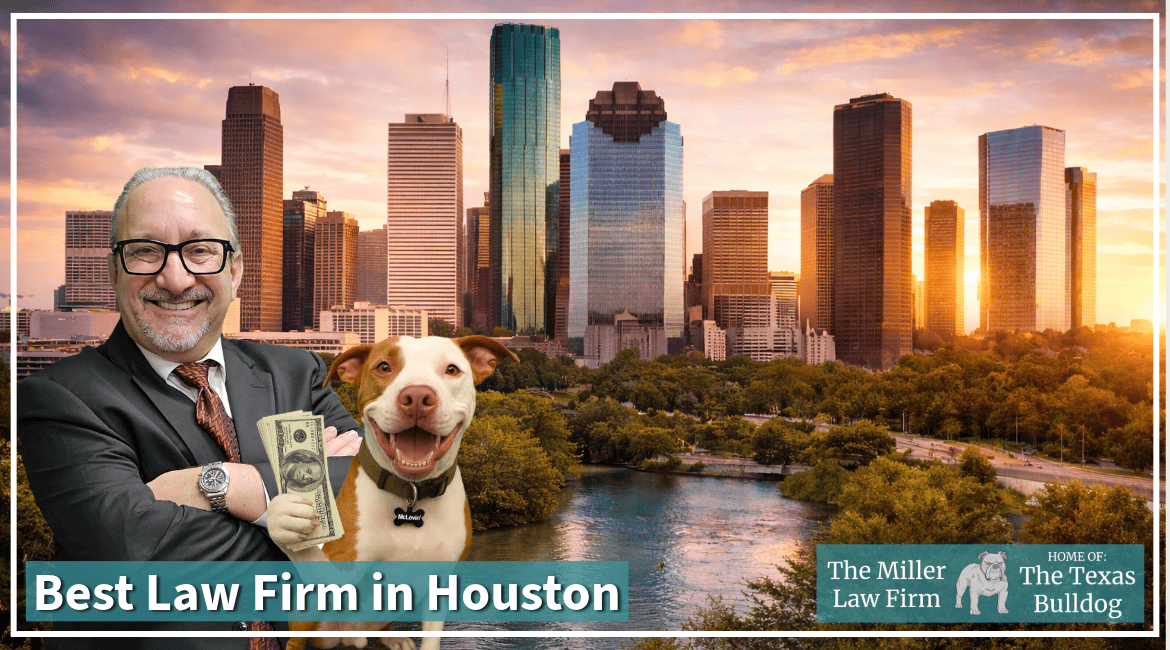 Adam H. Miller of The Miller Law Firm with his dog McLovin', Houston personal injury law firm skyline background