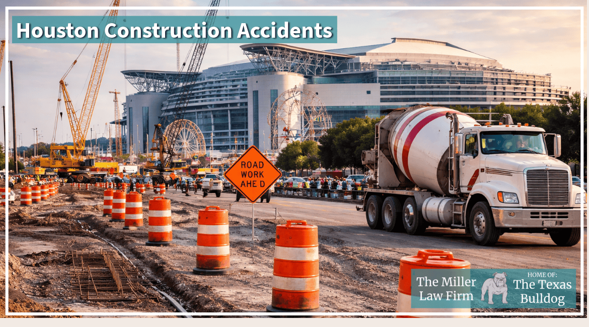 Houston construction zone near NRG Stadium with roadwork barrels, heavy trucks, and traffic during Rodeo season