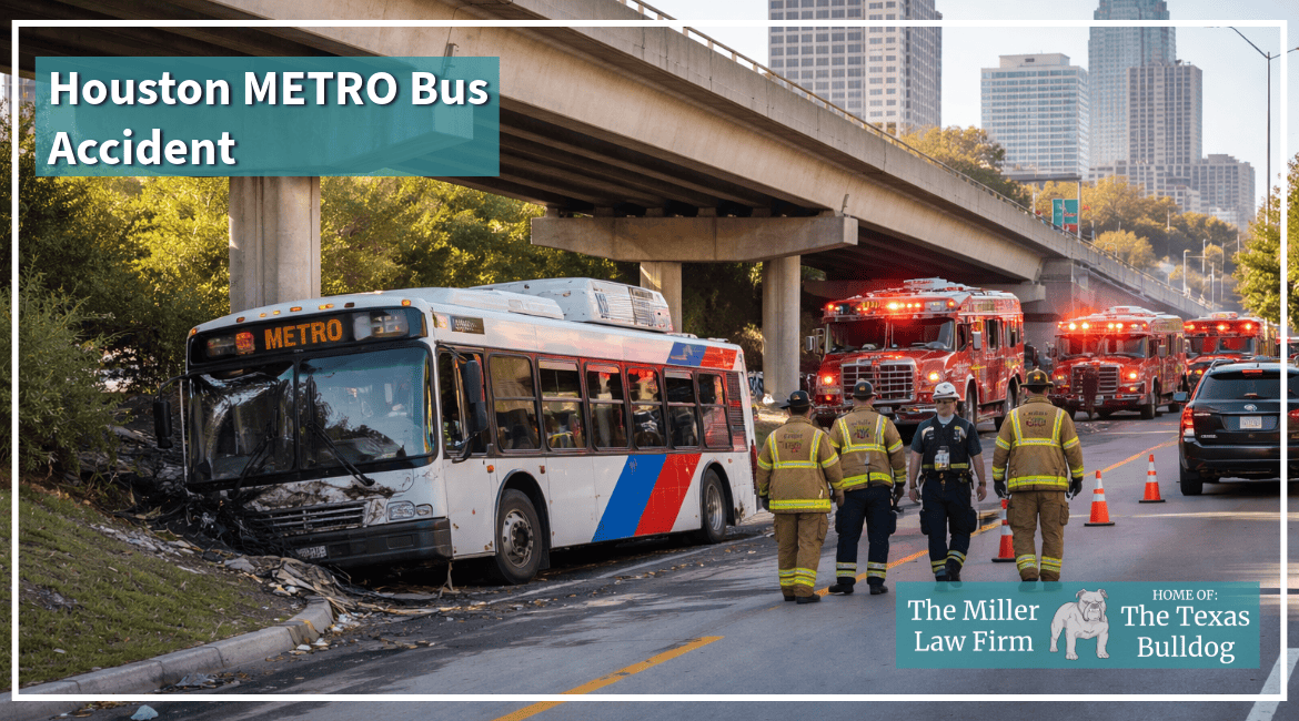 Houston METRO bus stopped below an overpass after a serious crash near Highway 288