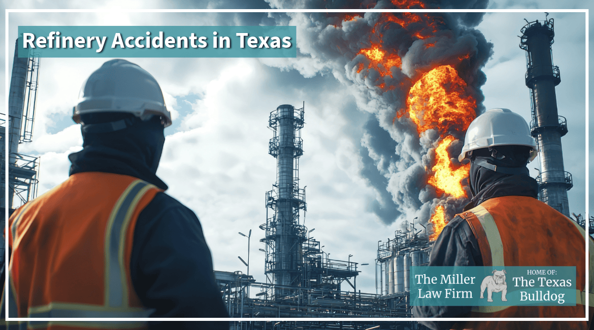 Texas refinery workers facing a major refinery explosion with fire and smoke in the background
