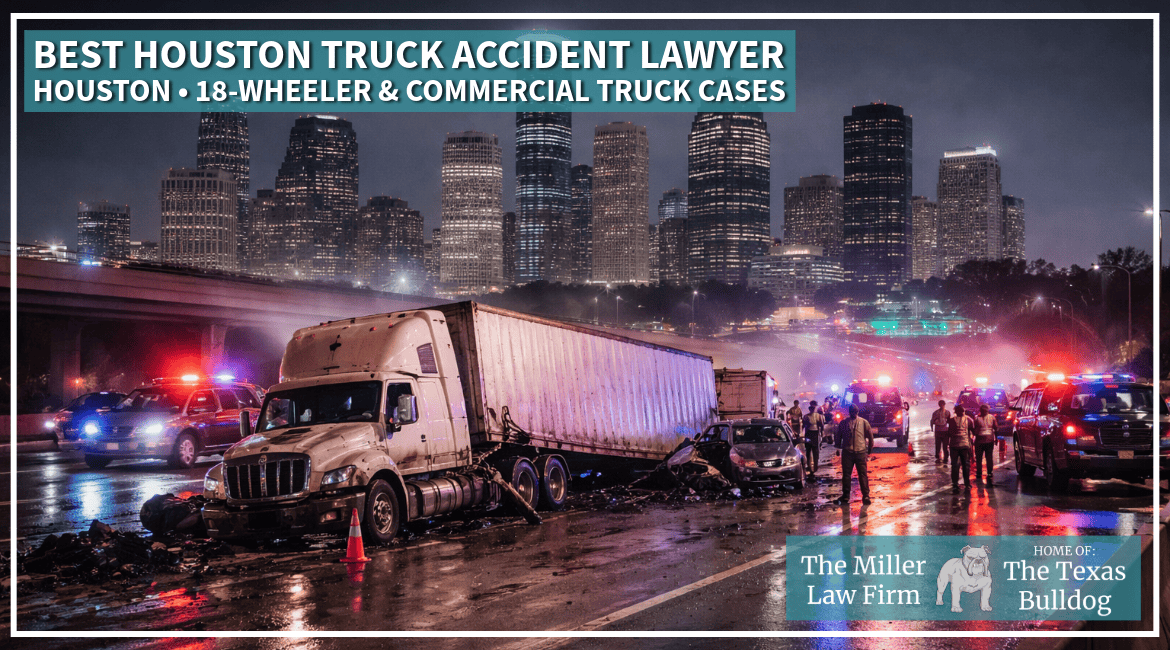 18-wheeler truck crash scene on Houston freeway at night with emergency response vehicles representing serious commercial truck accident injury cases