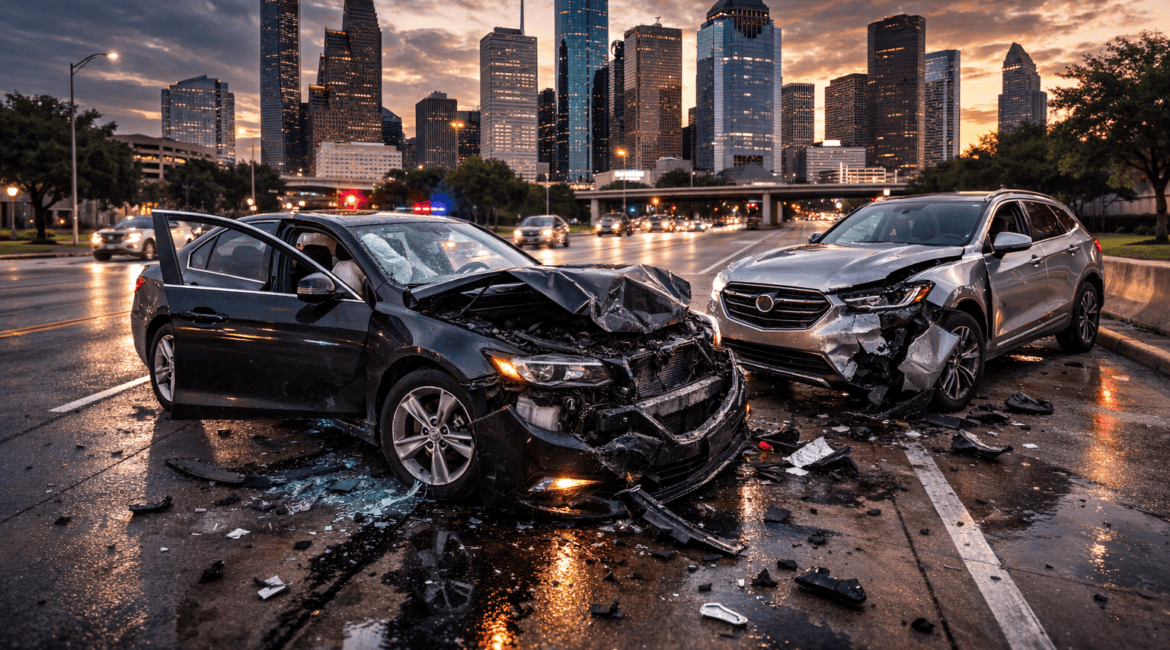 serious uber accident in downtown Houston at dusk with damaged vehicles and emergency lights