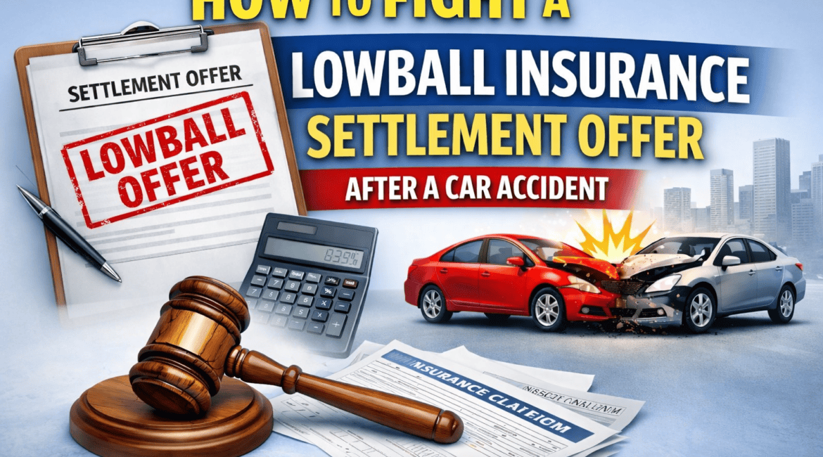 Lowball insurance settlement offer after a car accident illustration showing crash, settlement documents, and insurance claim review