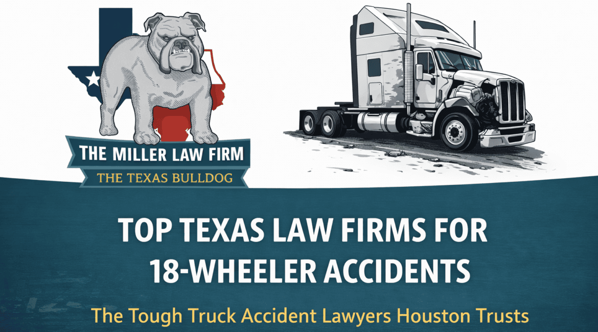 Texas truck accident lawyer graphic featuring The Texas Bulldog logo, Texas state outline, and damaged 18-wheeler representing top law firms for truck accidents