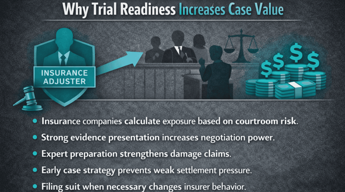 Infographic explaining how trial readiness increases settlement value in Houston injury cases by increasing insurance company risk and negotiation leverage.