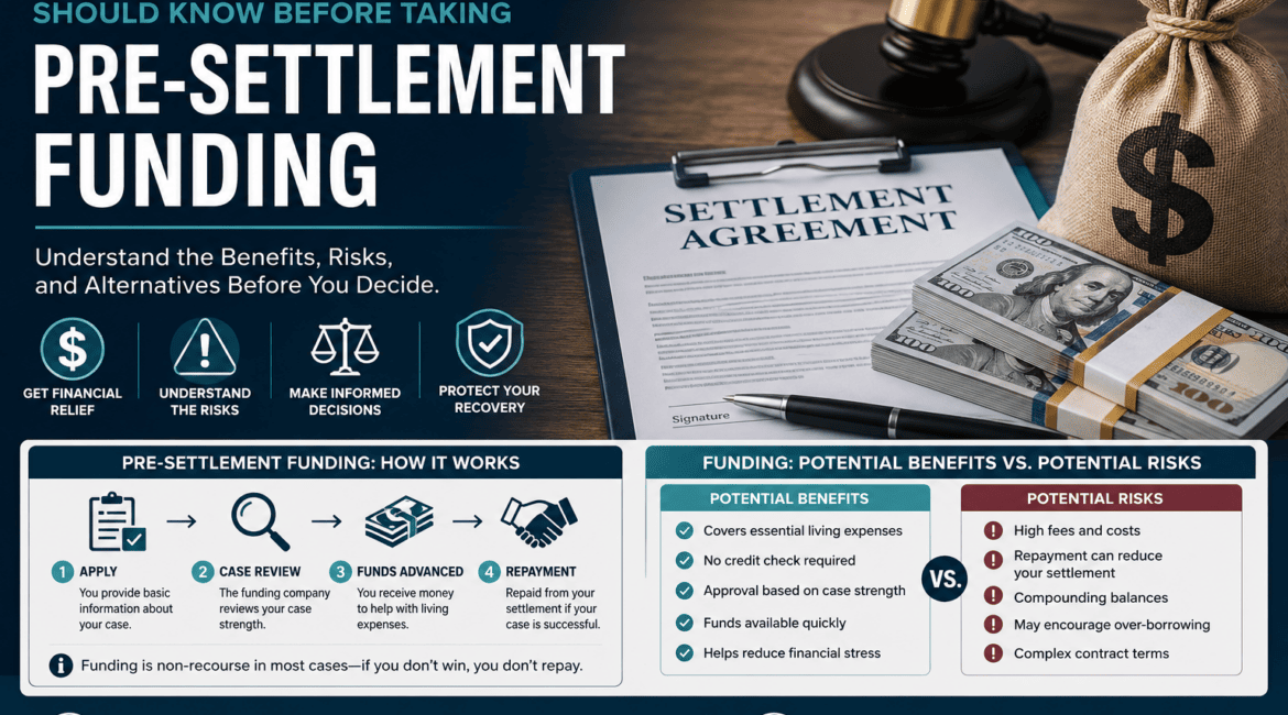 Houston pre-settlement funding infographic with lawsuit settlement paperwork, cash, and legal information for injury victims