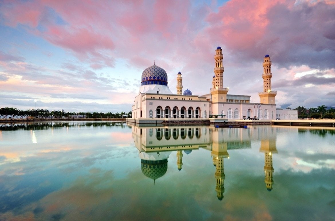 Reflection of Kota Kinabalu city mosque during sunset. Kota Kinabalu City Floating Mosque is a famous place of interest in Sabah Borneo, Malaysia.