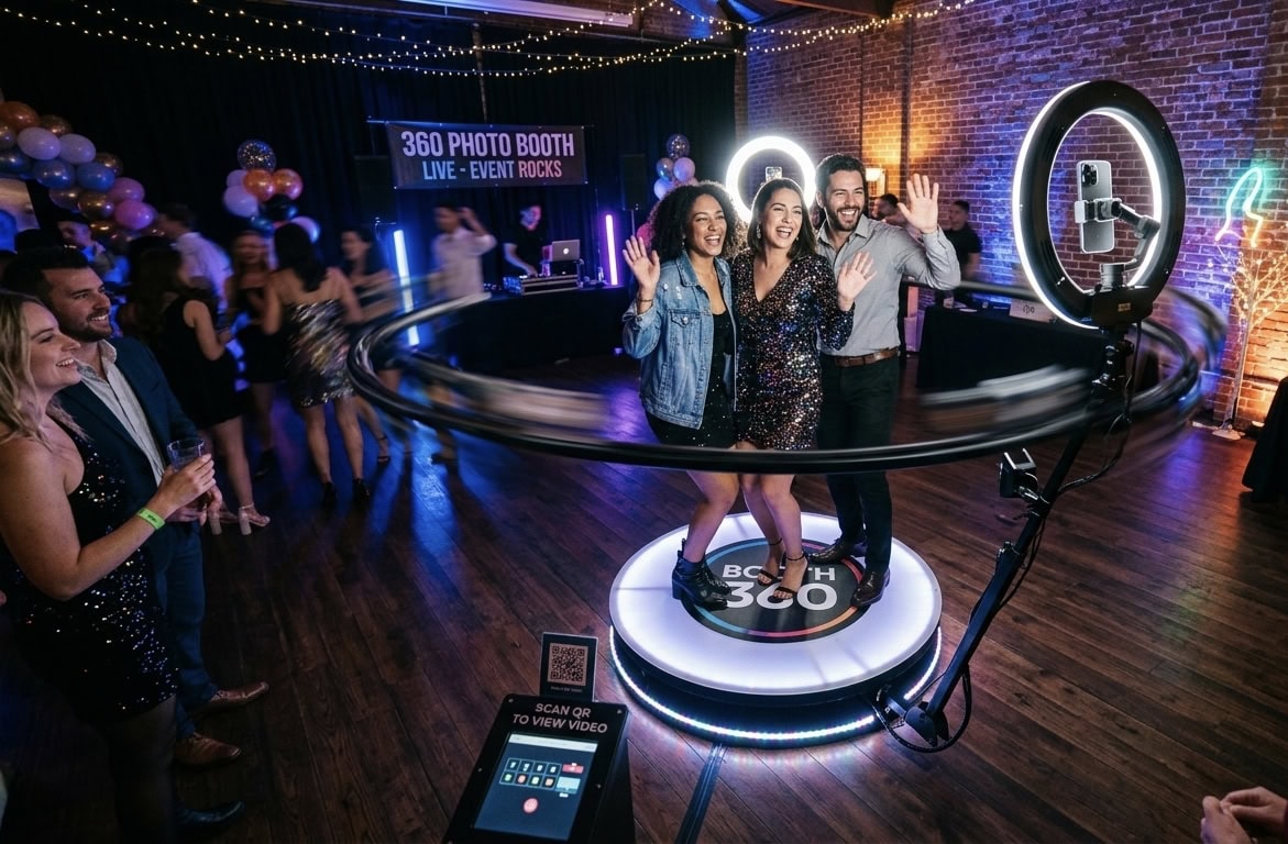 "Gäste haben Spaß auf einer exklusiven 360° Videoplattform von Coachman Moments während einer Abendveranstaltung."