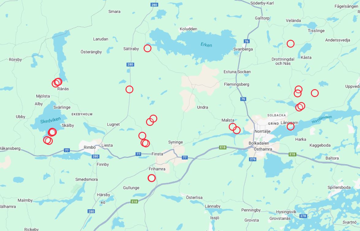 Karta över Norrtälje med geografiska platser markerade. 
