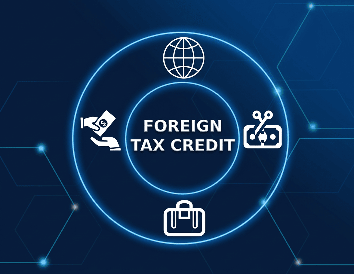 Foreign tax credit illustration showing international taxation and tax relief through a global financial concept.