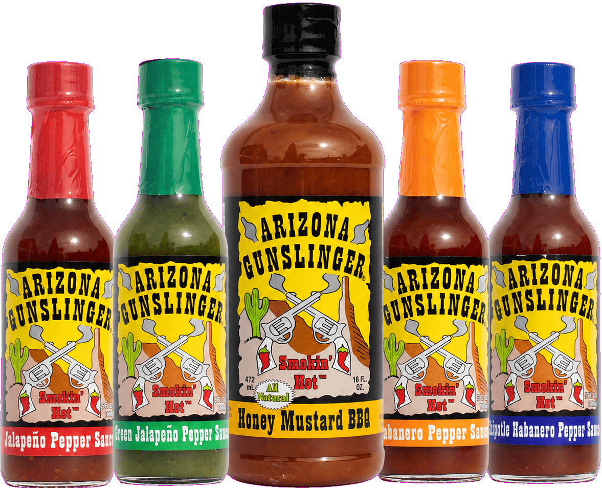 The five-bottle AZ Gunslinger Hot Sauce bundle: Red Jalapeno, Green Jalapeno, Habanero, Chipotle Habanero and Honey Mustard BBQ