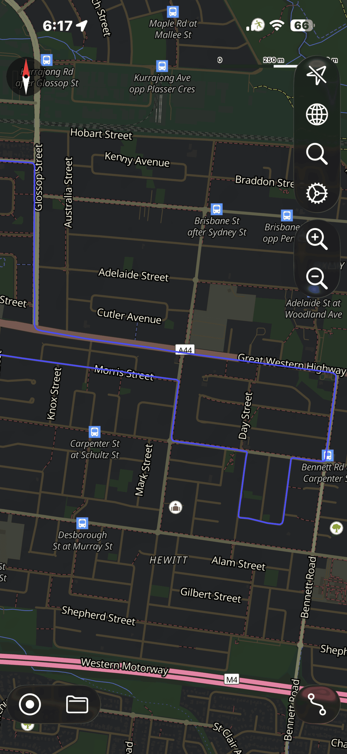 Driving test route map outlining the eastern grid near Great Western Highway, Morris Street, Day Street, and Bennett Road.