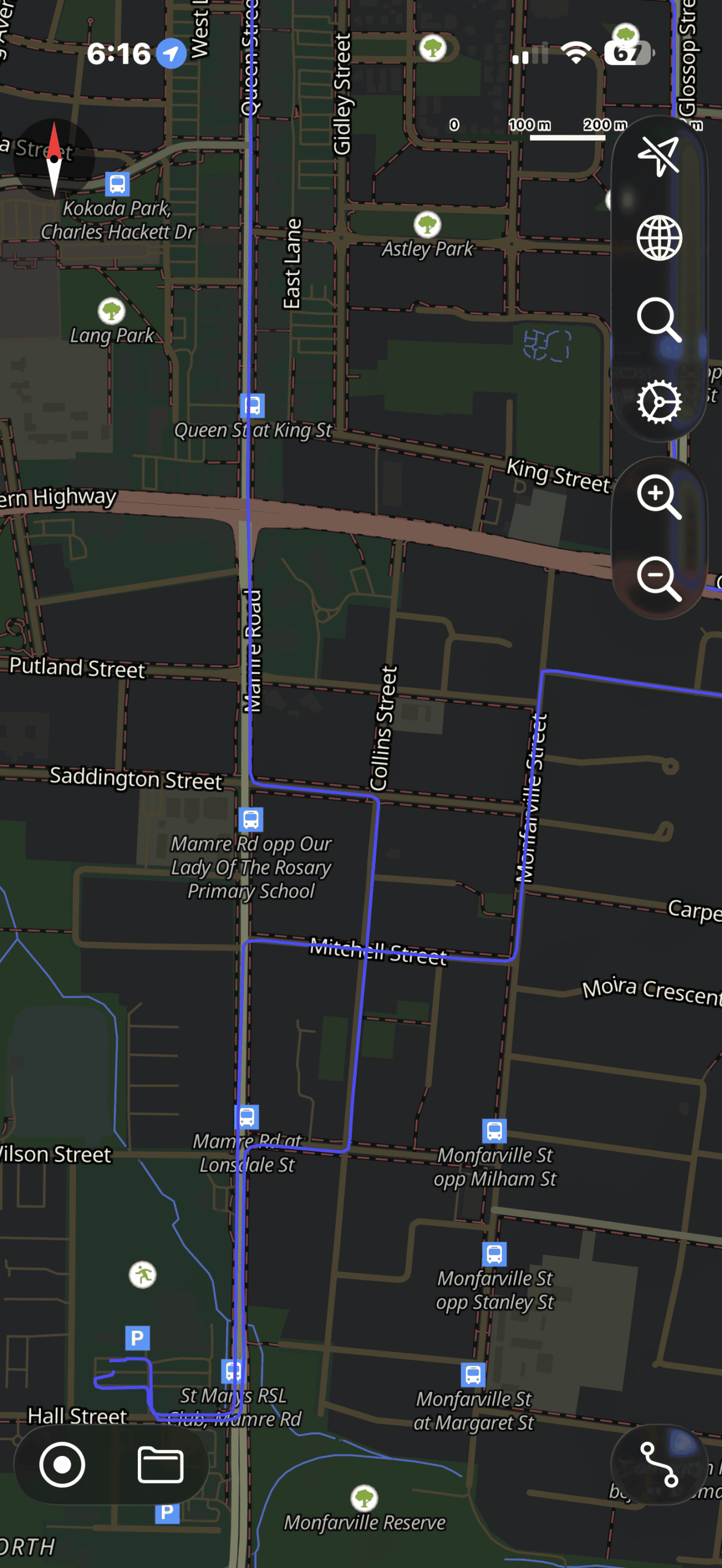 Driving test route map highlighting the southern circuit across Mamre Road, Saddington Street, and Monfarville Street.