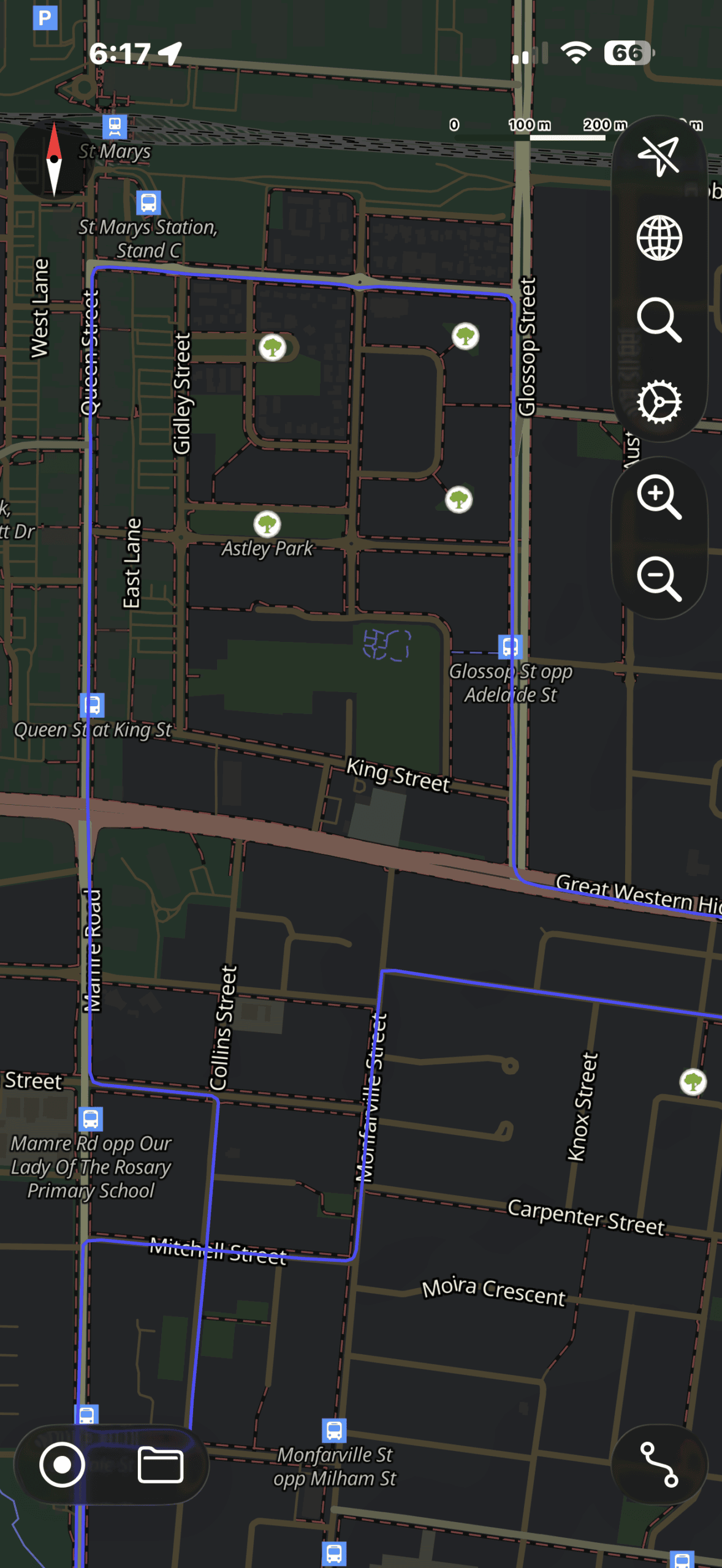 Driving test route map highlighting northern loops near Queen Street, Glossop Street, and Astley Park.