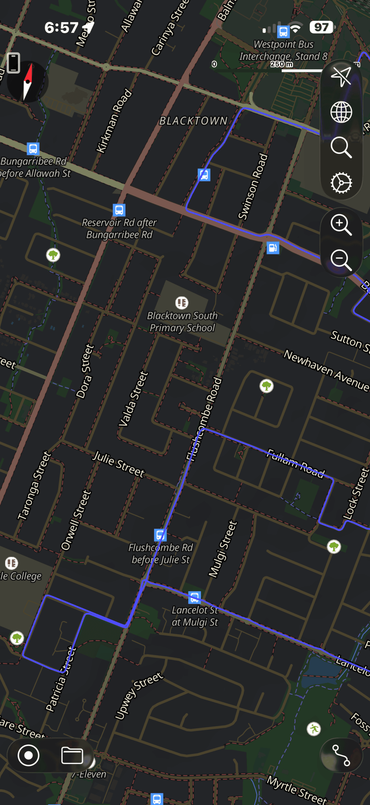 Detailed driving test route map showing Flushcombe Road, Patricia Street, Orwell Street, and Lancelot Street in Blacktown.
