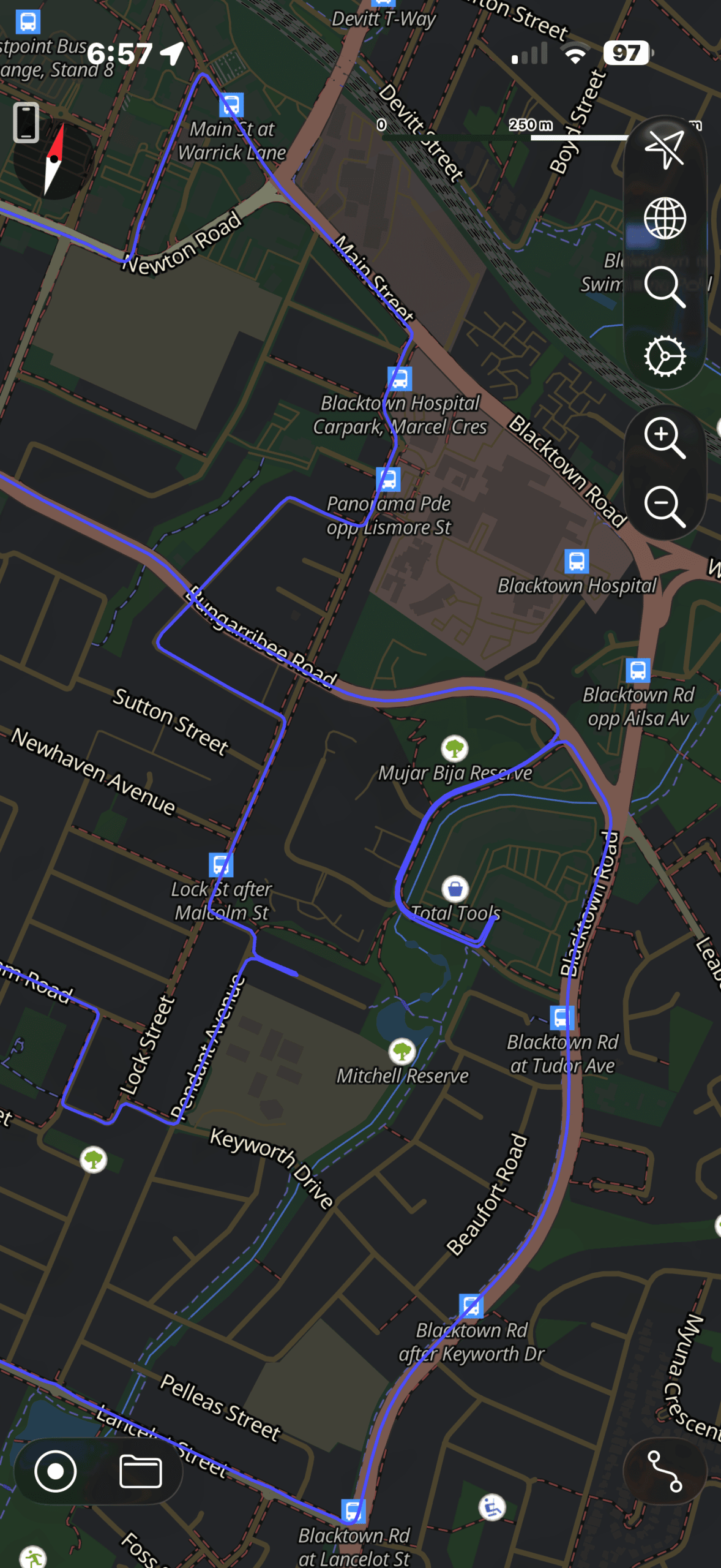 Blacktown driving test GPS route map displaying Blacktown Hospital loop, Marcel Crescent, Main Street CBD, and Lock Street.