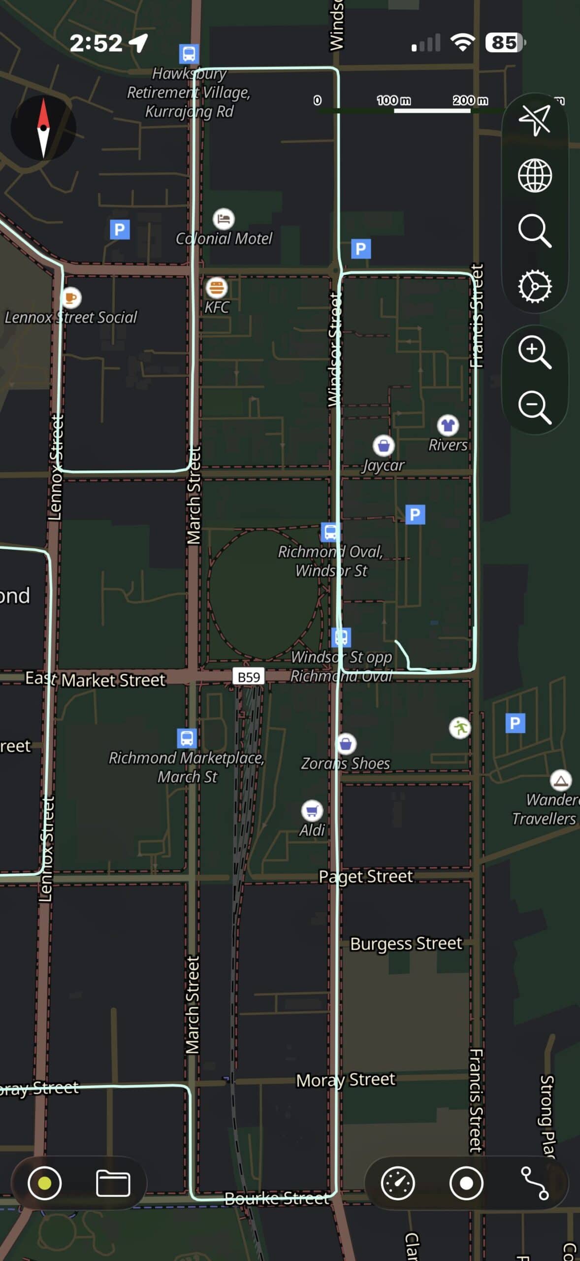 Richmond Service NSW driving test route overview map highlighting commercial and main road testing paths.