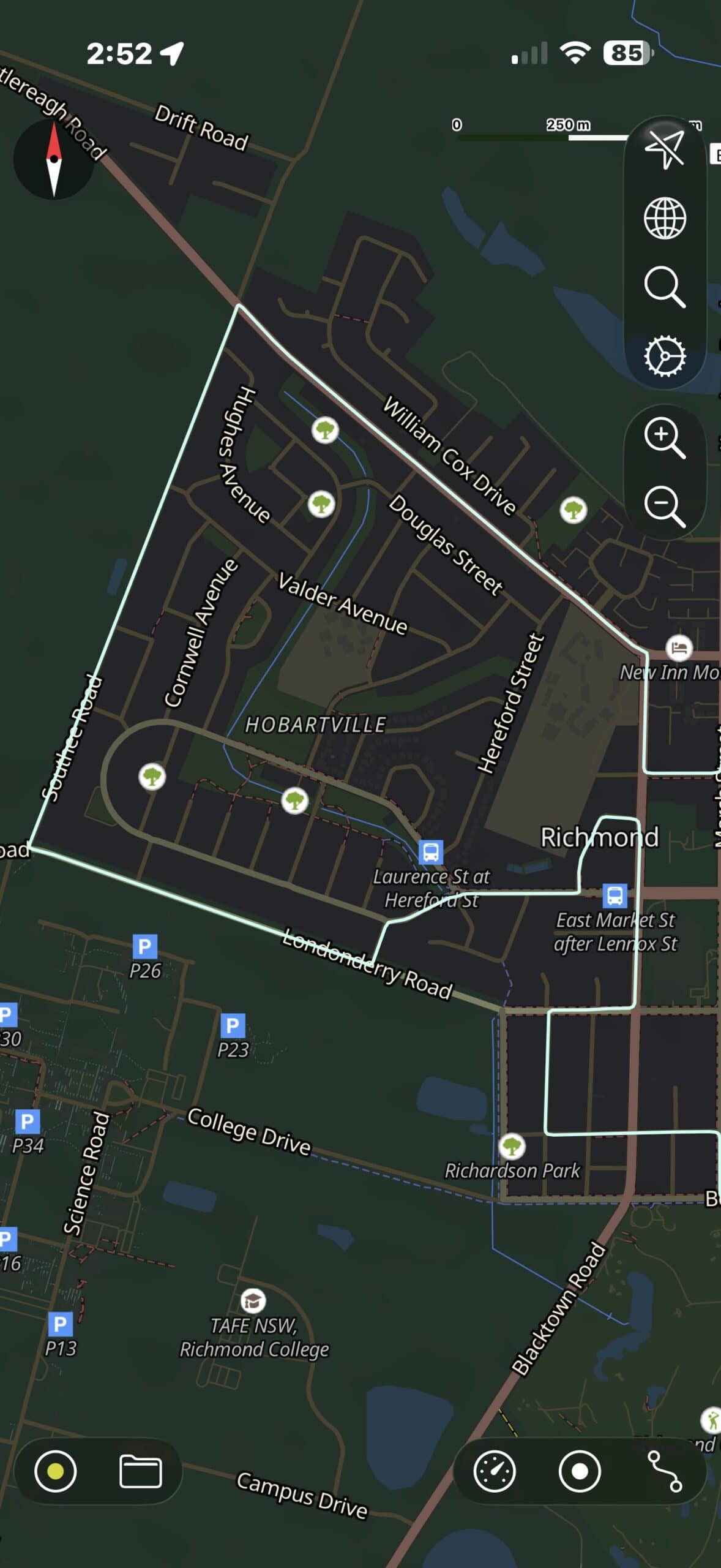 Richmond Service NSW driving test route map covering Hobartville residential loops and Londonderry Road.