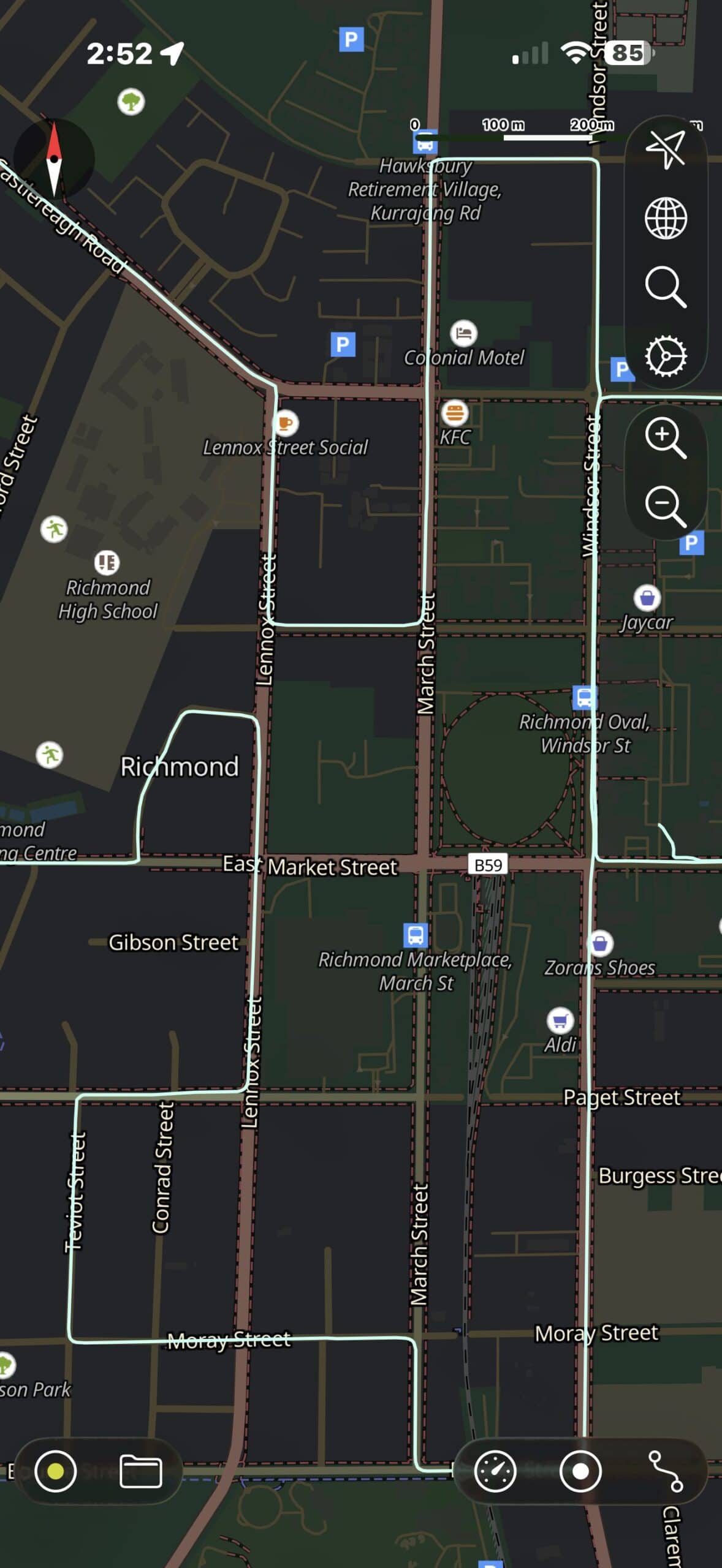Richmond practical driving test route map detailing residential backstreets and stop sign intersections.