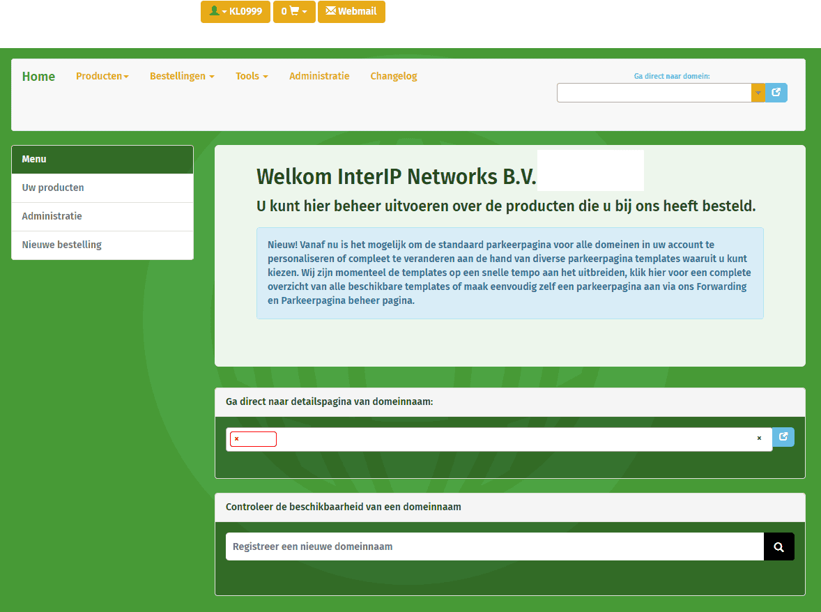 Het scherm na inloggen op Plesk