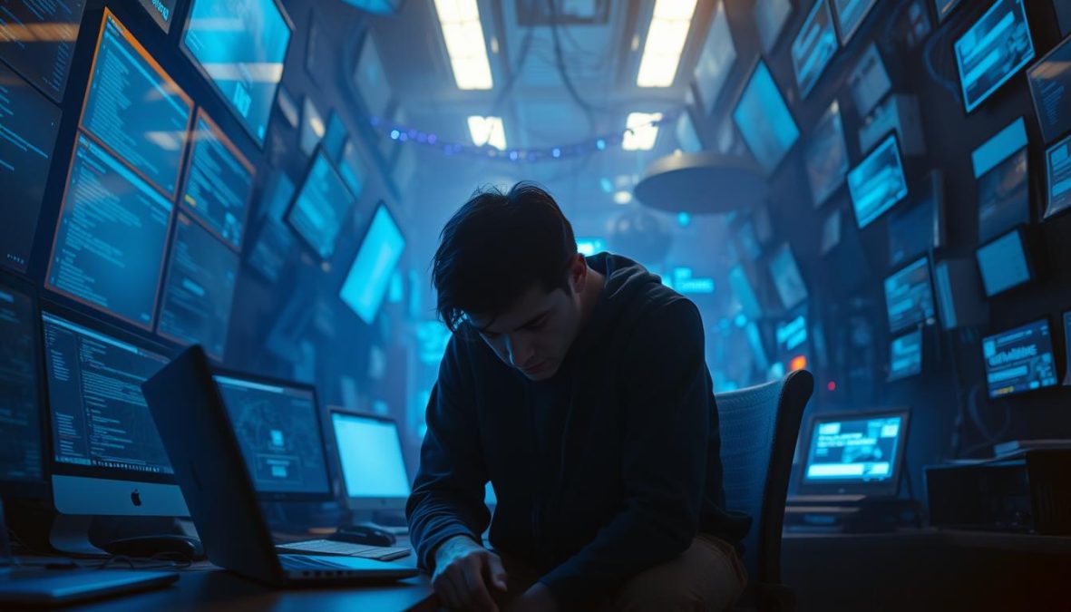 A digital workspace in 2025, overwhelmed with an intricate web of notifications, screens, and devices. Bright blue light floods the scene, casting an unsettling glow. A lone figure, their face obscured, sits hunched over, seemingly consumed by the relentless flow of information. The atmosphere is tense, the mood pensive, as the viewer is confronted with the mental strain of hyper-connectivity. Shot on Sony A7R IV 70mm, clearly focused, sharply defined, polarizer filter, Hyper-candid, 8K.