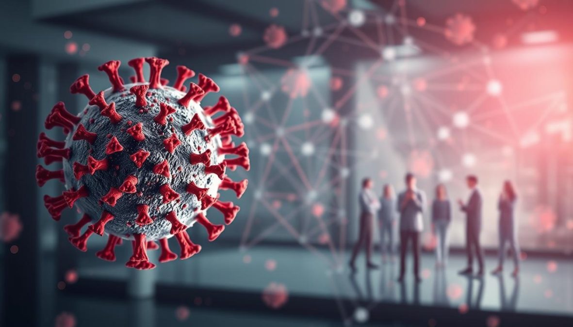 A highly detailed and scientifically accurate illustration of the 2025 cold virus and its transmission pathways. In the foreground, a magnified view of the novel coronavirus variant, its intricate molecular structure and surface proteins rendered with exceptional clarity. In the middle ground, a series of interconnected human figures, each representing a potential transmission vector - coughing, sneezing, hand-to-face contact. The background depicts a complex network of airborne particulates, droplets, and aerosols, illuminated by soft, diffused lighting to convey the pervasive, unseen nature of viral spread. The overall composition strikes a balance between technical precision and a sense of unease, underscoring the evolving challenges posed by emerging respiratory illnesses.
