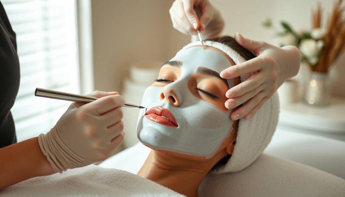 A professional skincare treatment session in a high-end spa. The esthetician gently applies a series of nourishing, tailored masks to the client's face, using precision techniques and specialized tools. The lighting is soft and flattering, creating an atmosphere of tranquility and indulgence. The background features clean, minimalist decor in soothing neutral tones, allowing the focus to remain on the expertly executed treatment. The overall scene conveys a sense of luxurious pampering and rejuvenation, perfectly suited to complement the "Professionelle Treatments" section of the article. A professional skincare treatment session in a high-end spa. The esthetician gently applies a series of nourishing, tailored masks to the client's face, using precision techniques and specialized tools. The lighting is soft and flattering, creating an atmosphere of tranquility and indulgence. The background features clean, minimalist decor in soothing neutral tones, allowing the focus to remain on the expertly executed treatment. The overall scene conveys a sense of luxurious pampering and rejuvenation, perfectly suited to complement the "Professionelle Treatments" section of the article.