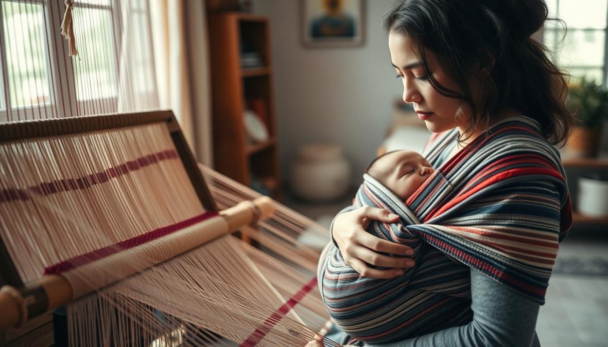 A serene and timeless scene showcasing the rich history of the baby carrier, or "Tragetuch." In the foreground, a skilled artisan carefully weaves a intricate, multi-colored fabric, the result of generations of traditional craftsmanship. The middle ground reveals a young mother tenderly wrapping her infant in the soft, supportive material, a timeless symbol of nurturing and bonding. In the background, a tranquil domestic setting evokes the warmth and comfort of the home, where the Tragetuch has been an integral part of family life for centuries. Bathed in soft, natural light and captured with a crisp, polarized lens, this image conveys the enduring legacy and cultural significance of this cherished baby-carrying tradition.