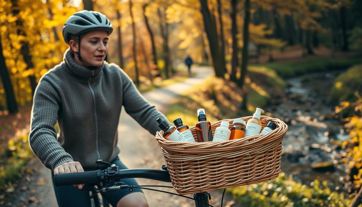 A serene autumn landscape with a cyclist engaged in a seasonal skincare routine. The cyclist, dressed in a cozy sweater and comfortable cycling gear, moves through a picturesque forest path, the warm sunlight filtering through the vibrant foliage. In the foreground, the cyclist pauses to apply a nourishing facial oil, their skin glowing with health. In the middle ground, a wicker basket on the bike's handlebars holds an array of natural skincare products, each bottle and jar reflecting the rich hues of the surrounding environment. The background reveals a tranquil stream winding through the trees, its gentle current mirroring the peaceful mood. Captured with a Sony A7R IV 70mm lens, the image is sharply defined, with a polarizer filter creating a captivating depth of field and a hyper-candid, 8K quality. A serene autumn landscape with a cyclist engaged in a seasonal skincare routine. The cyclist, dressed in a cozy sweater and comfortable cycling gear, moves through a picturesque forest path, the warm sunlight filtering through the vibrant foliage. In the foreground, the cyclist pauses to apply a nourishing facial oil, their skin glowing with health. In the middle ground, a wicker basket on the bike's handlebars holds an array of natural skincare products, each bottle and jar reflecting the rich hues of the surrounding environment. The background reveals a tranquil stream winding through the trees, its gentle current mirroring the peaceful mood. Captured with a Sony A7R IV 70mm lens, the image is sharply defined, with a polarizer filter creating a captivating depth of field and a hyper-candid, 8K quality.