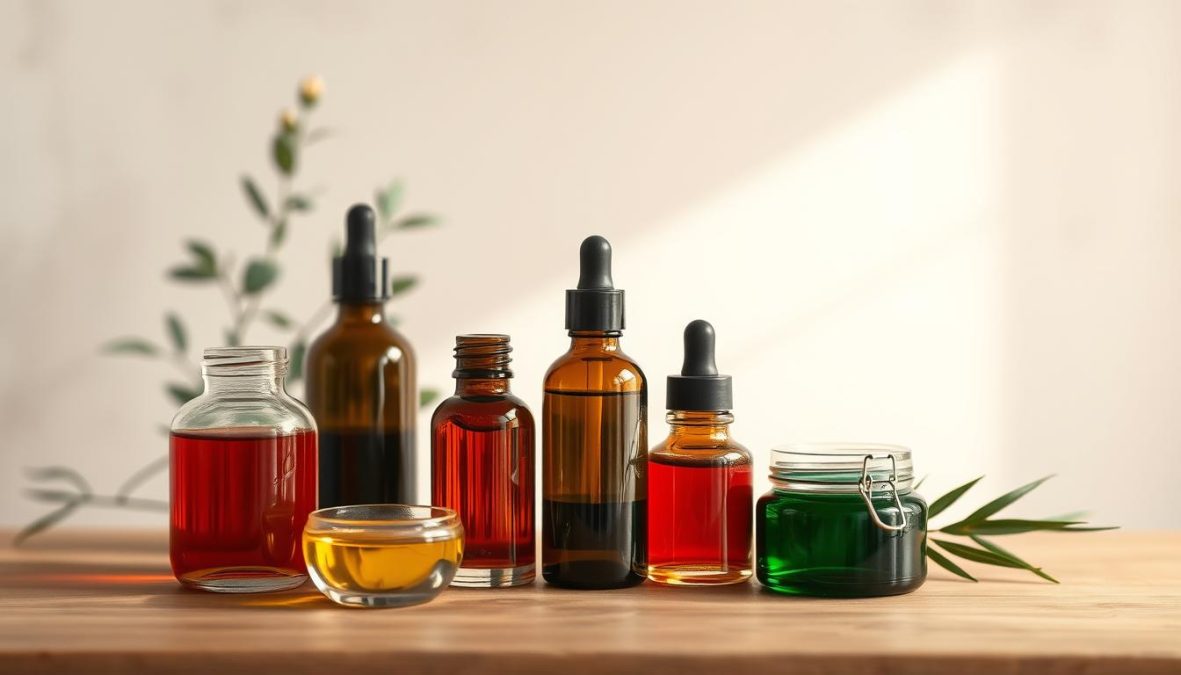 A serene still life showcasing the natural beauty of facial oils in the year 2025. On a soft, neutral background, a collection of delicate glass bottles and jars filled with rich, vibrant oils sit atop a wooden surface. The lighting is soft and diffused, creating a warm, inviting atmosphere. The composition is balanced and elegant, highlighting the organic textures and hues of the oils. The scene conveys a sense of simplicity, luxury, and a reconnection with nature, reflecting the renewed appreciation for holistic skincare in the coming years. Shot on a Sony A7R IV with a 70mm lens, the image is crisp, focused, and enhanced with a polarizer filter for a hyper-candid, 8K-quality aesthetic.